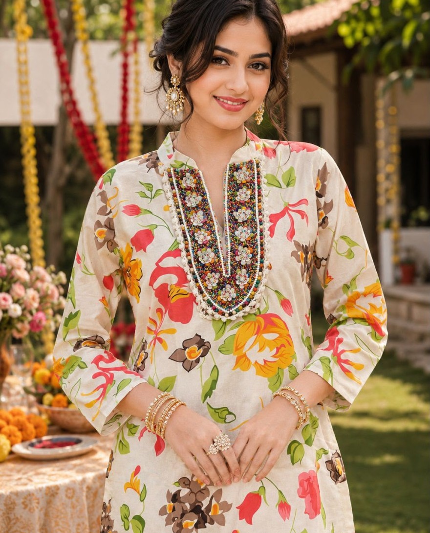 CREAM - Cream Poly Cotton Designer Kurti